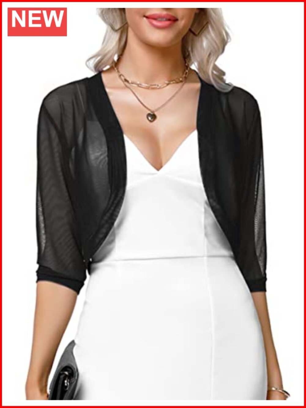 Women 3/4 Sleeve Sheer Mesh Open Front Cropped Bolero Shrug Cardigan S-XXL